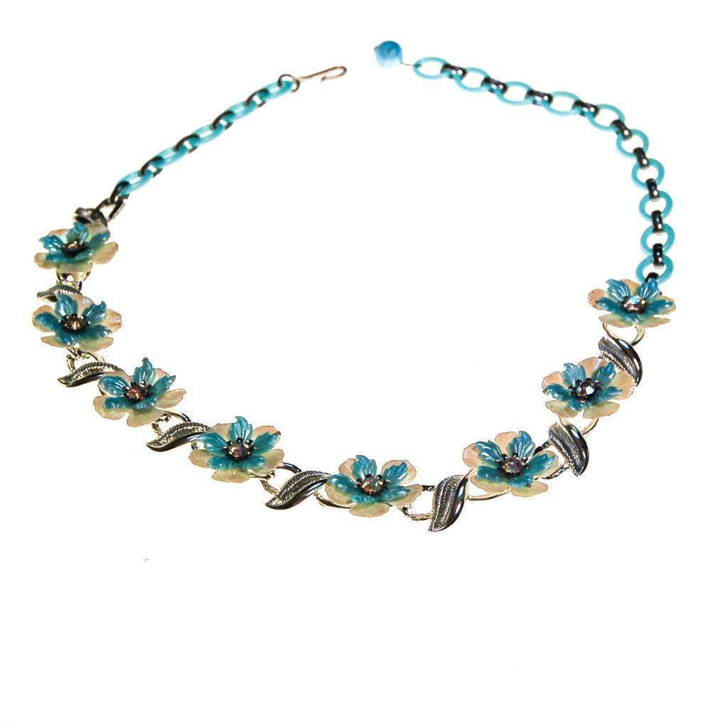 Coro White and Blue Flower with Rhinestones Necklace by Coro - Vintage Meet Modern Vintage Jewelry - Chicago, Illinois - #oldhollywoodglamour #vintagemeetmodern #designervintage #jewelrybox #antiquejewelry #vintagejewelry