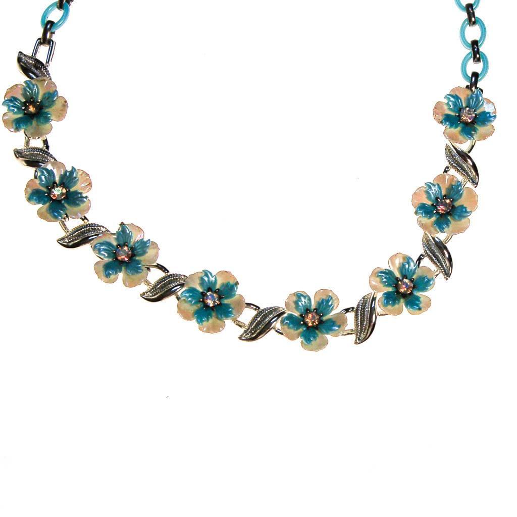 Coro White and Blue Flower with Rhinestones Necklace by Coro - Vintage Meet Modern Vintage Jewelry - Chicago, Illinois - #oldhollywoodglamour #vintagemeetmodern #designervintage #jewelrybox #antiquejewelry #vintagejewelry