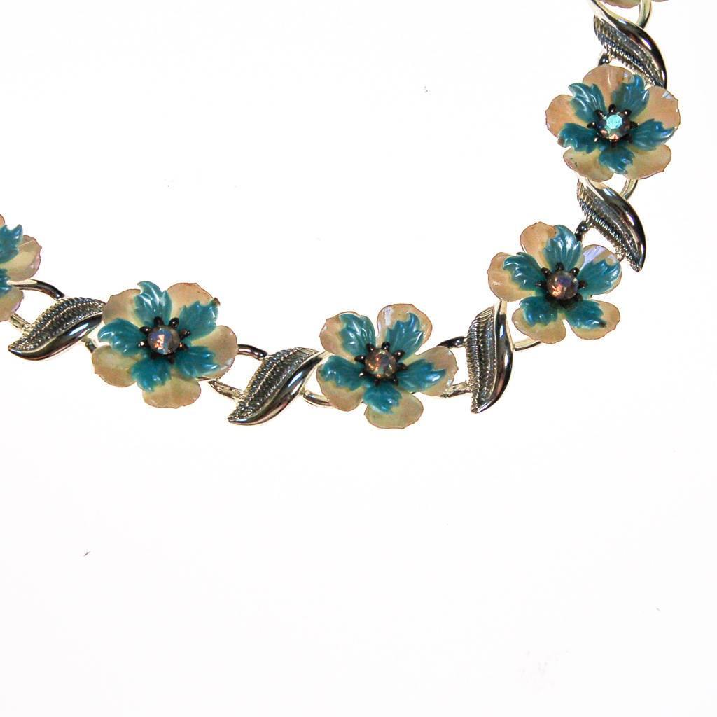 Coro White and Blue Flower with Rhinestones Necklace by Coro - Vintage Meet Modern Vintage Jewelry - Chicago, Illinois - #oldhollywoodglamour #vintagemeetmodern #designervintage #jewelrybox #antiquejewelry #vintagejewelry