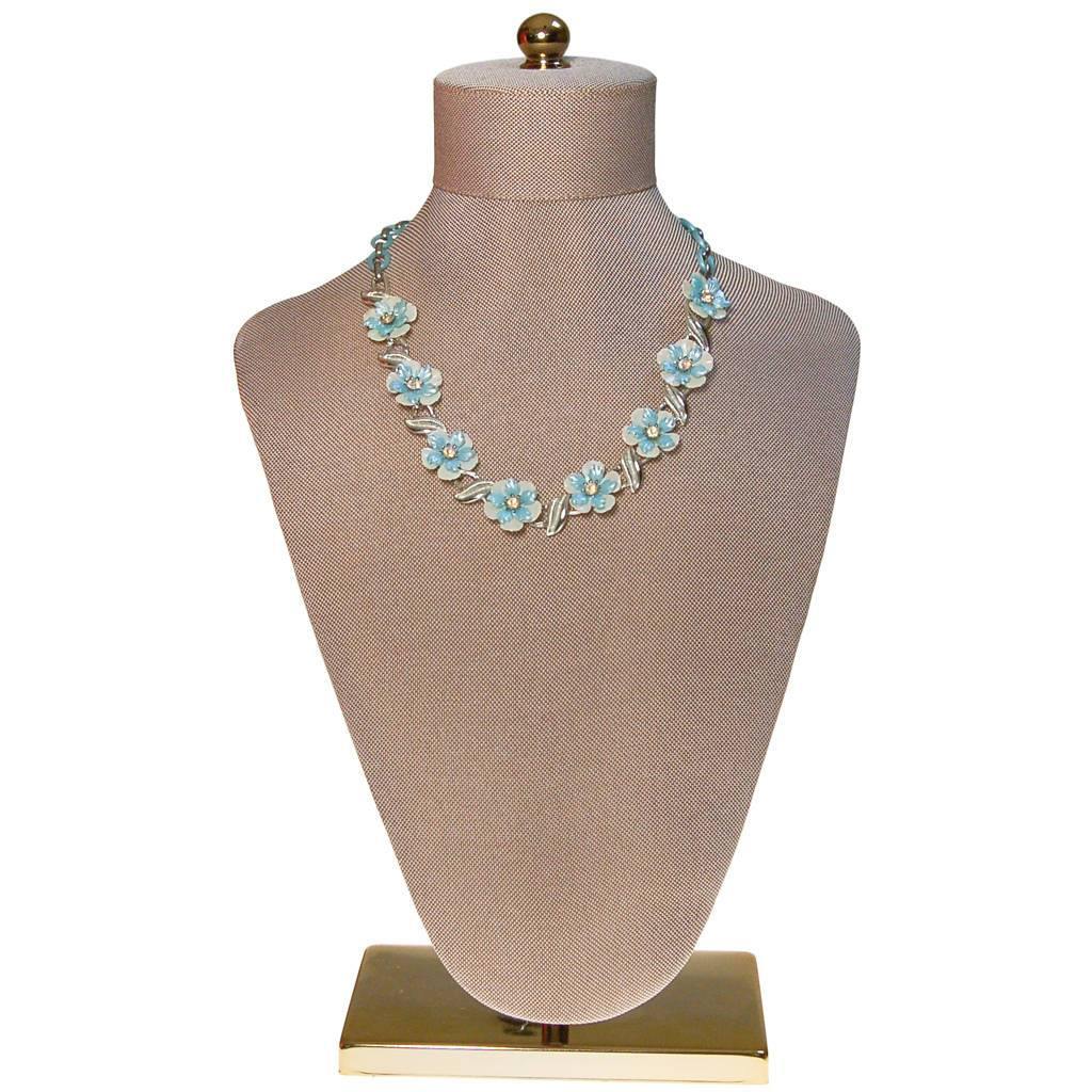 Coro White and Blue Flower with Rhinestones Necklace by Coro - Vintage Meet Modern Vintage Jewelry - Chicago, Illinois - #oldhollywoodglamour #vintagemeetmodern #designervintage #jewelrybox #antiquejewelry #vintagejewelry