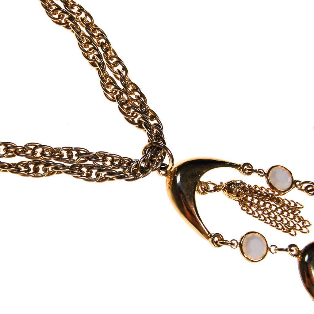 Gold and White Bezel Set Crystal Tassel  Statement Necklace by 1970s - Vintage Meet Modern Vintage Jewelry - Chicago, Illinois - #oldhollywoodglamour #vintagemeetmodern #designervintage #jewelrybox #antiquejewelry #vintagejewelry
