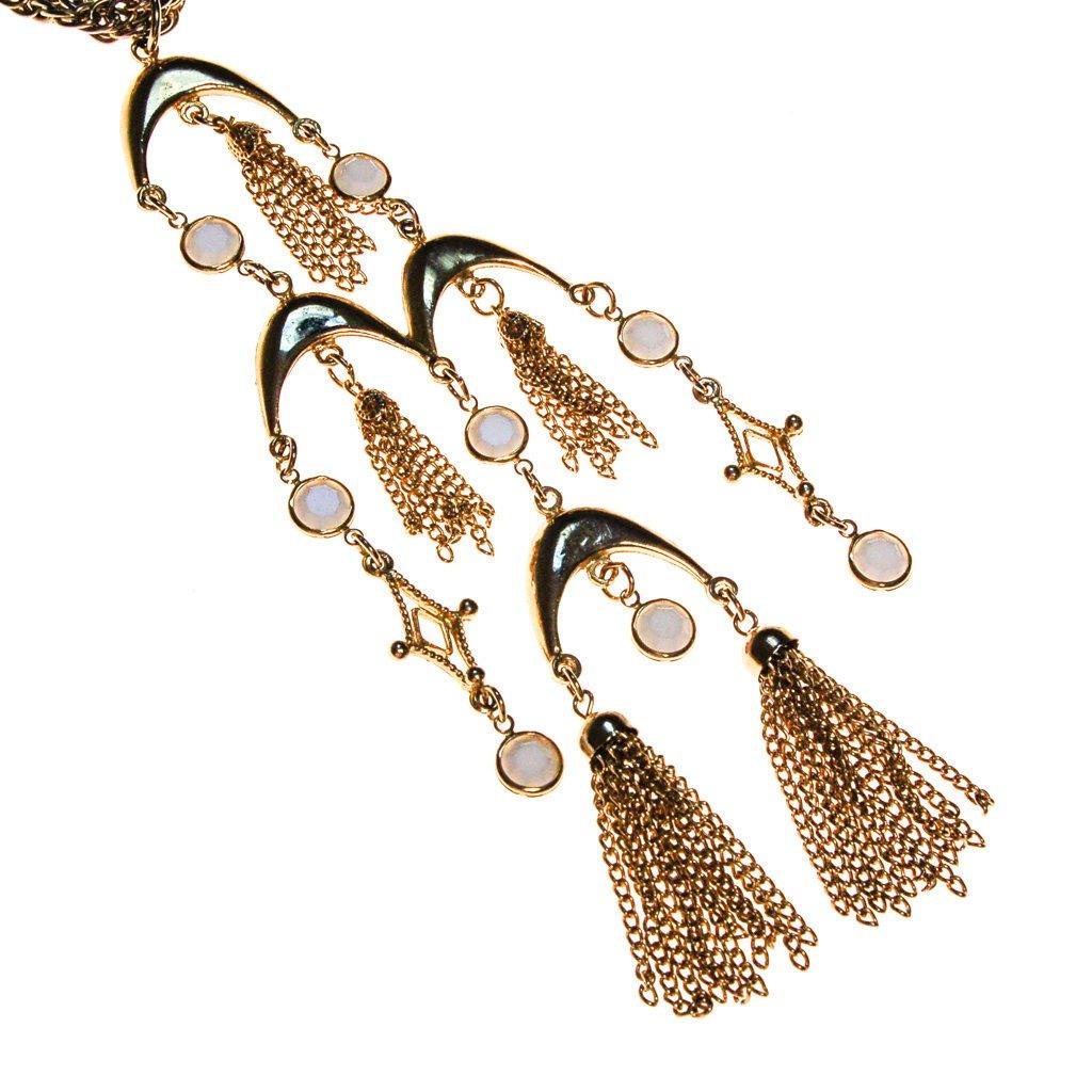 Gold and White Bezel Set Crystal Tassel  Statement Necklace by 1970s - Vintage Meet Modern Vintage Jewelry - Chicago, Illinois - #oldhollywoodglamour #vintagemeetmodern #designervintage #jewelrybox #antiquejewelry #vintagejewelry