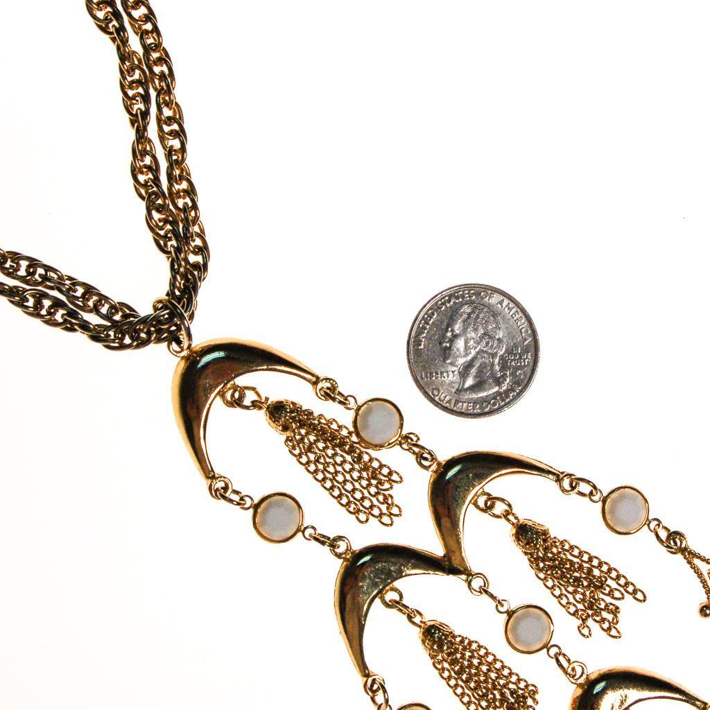Gold and White Bezel Set Crystal Tassel  Statement Necklace by 1970s - Vintage Meet Modern Vintage Jewelry - Chicago, Illinois - #oldhollywoodglamour #vintagemeetmodern #designervintage #jewelrybox #antiquejewelry #vintagejewelry