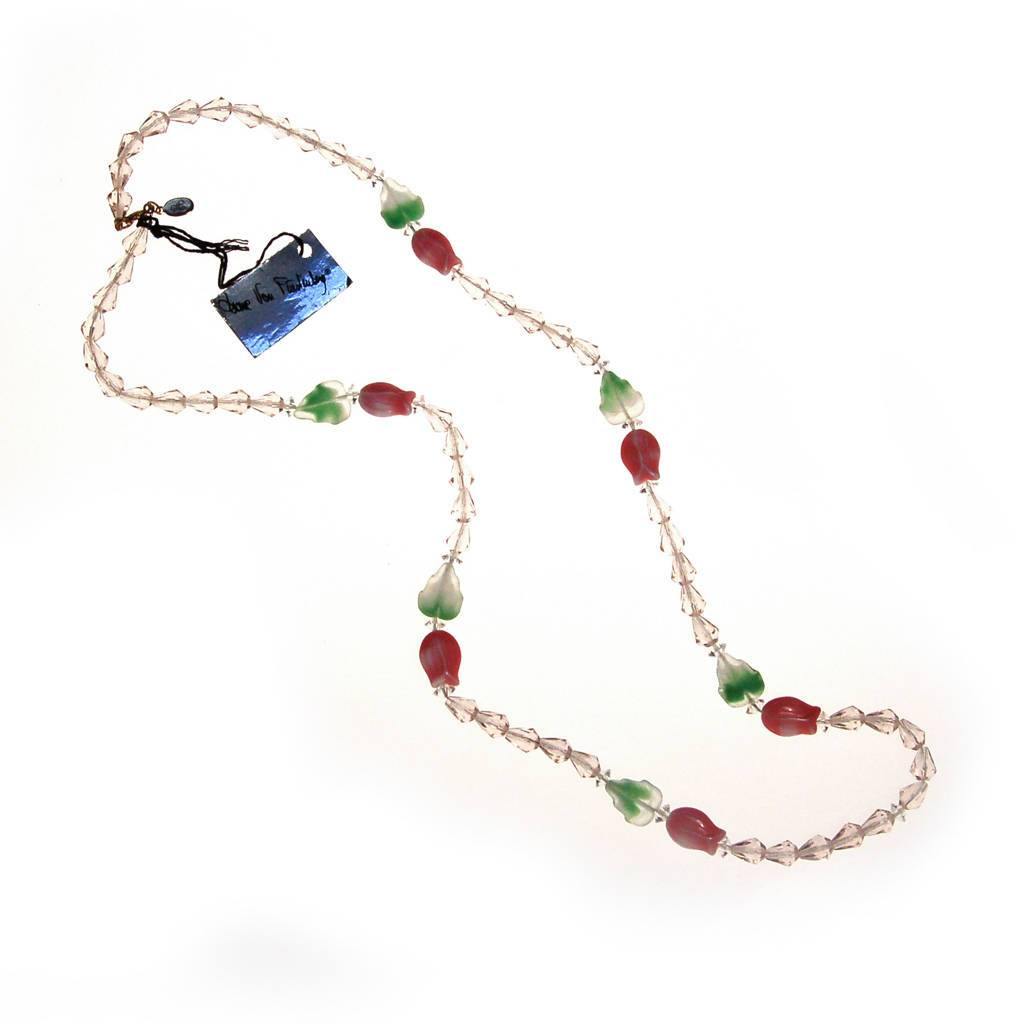 Diane von Furstenberg Pink Crystal, Pink Tulip, Green Leave Beaded Necklace, DVF, Designer Vintage Jewelry, 1970s by Diane von Furstenberg - Vintage Meet Modern Vintage Jewelry - Chicago, Illinois - #oldhollywoodglamour #vintagemeetmodern #designervintage #jewelrybox #antiquejewelry #vintagejewelry