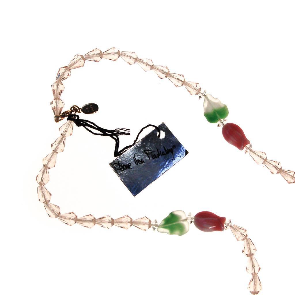 Diane von Furstenberg Pink Crystal, Pink Tulip, Green Leave Beaded Necklace, DVF, Designer Vintage Jewelry, 1970s by Diane von Furstenberg - Vintage Meet Modern Vintage Jewelry - Chicago, Illinois - #oldhollywoodglamour #vintagemeetmodern #designervintage #jewelrybox #antiquejewelry #vintagejewelry