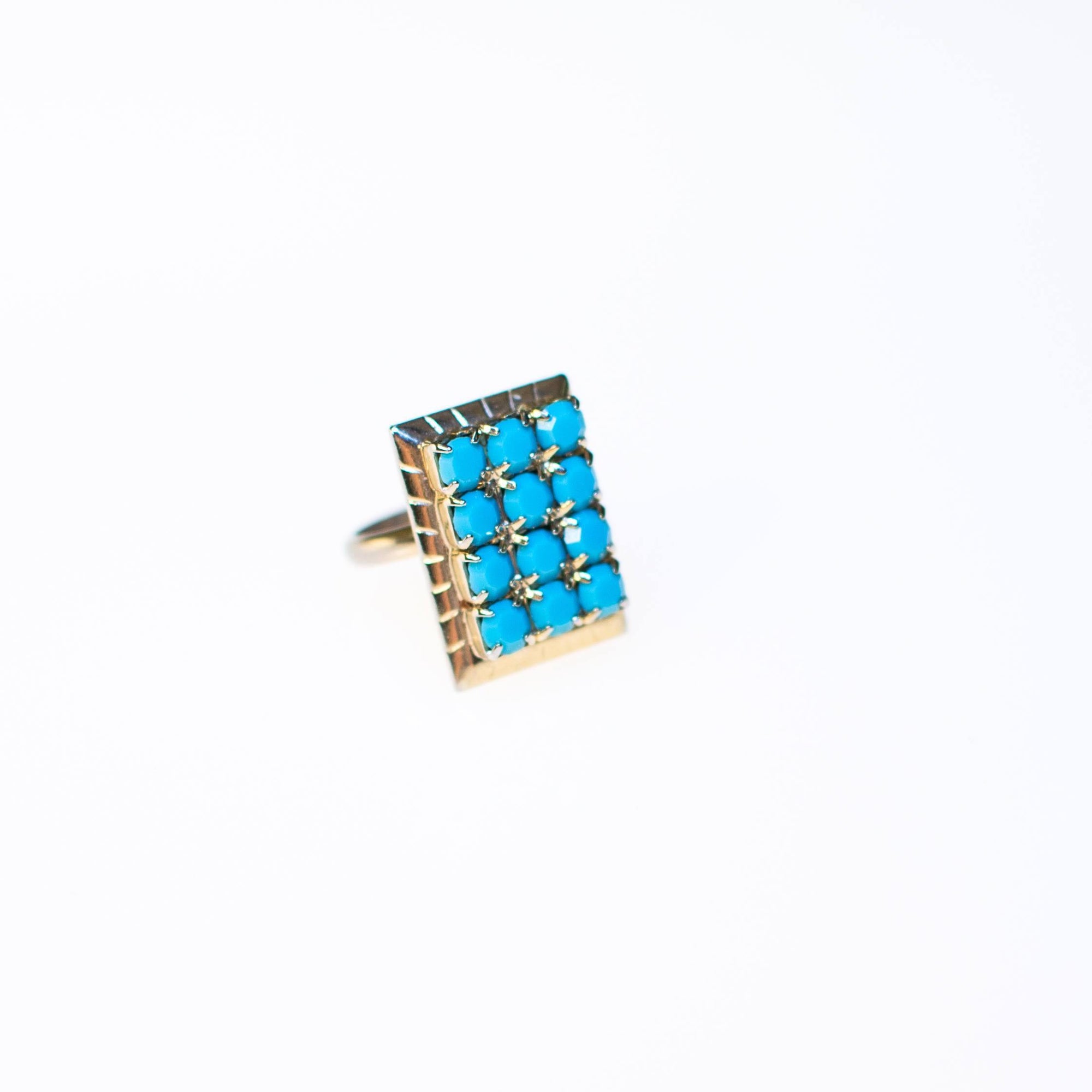 Turquoise Blue Rhinestones Gold Tone Ring, Adjustable by 1960s - Vintage Meet Modern Vintage Jewelry - Chicago, Illinois - #oldhollywoodglamour #vintagemeetmodern #designervintage #jewelrybox #antiquejewelry #vintagejewelry