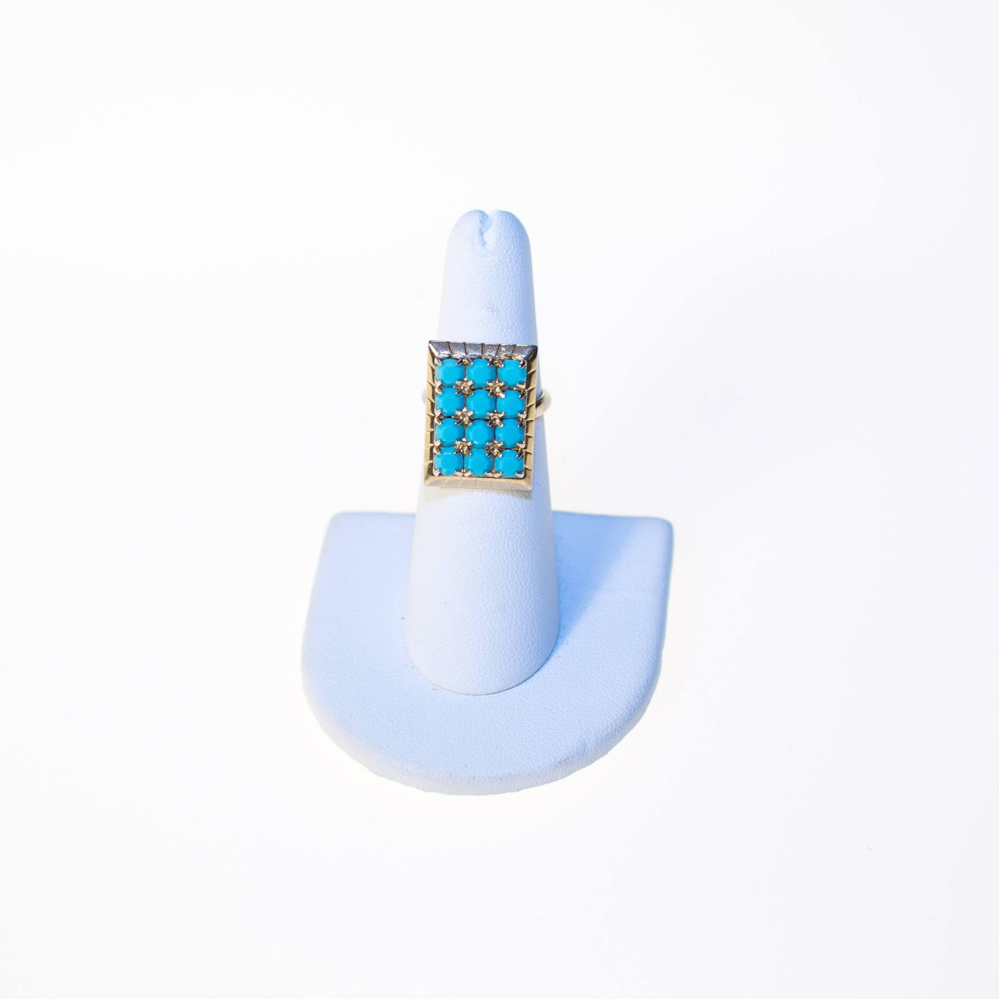 Turquoise Blue Rhinestones Gold Tone Ring, Adjustable by 1960s - Vintage Meet Modern Vintage Jewelry - Chicago, Illinois - #oldhollywoodglamour #vintagemeetmodern #designervintage #jewelrybox #antiquejewelry #vintagejewelry