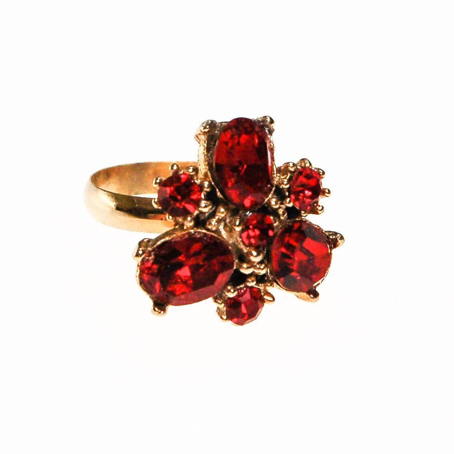 Red Rhinestone Statement Ring, Gold Tone, Adjustable, Ring Size 7 by 1960s - Vintage Meet Modern Vintage Jewelry - Chicago, Illinois - #oldhollywoodglamour #vintagemeetmodern #designervintage #jewelrybox #antiquejewelry #vintagejewelry