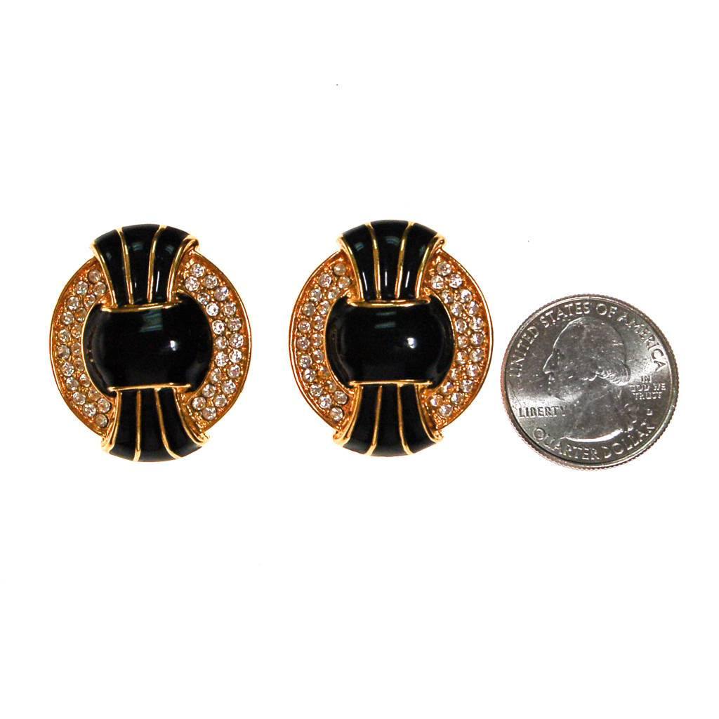 Vintage Kenneth Jay Lane Black, Gold, and Swarovski Rhinestone Statement Earrings by kenneth jay lane - Vintage Meet Modern Vintage Jewelry - Chicago, Illinois - #oldhollywoodglamour #vintagemeetmodern #designervintage #jewelrybox #antiquejewelry #vintagejewelry