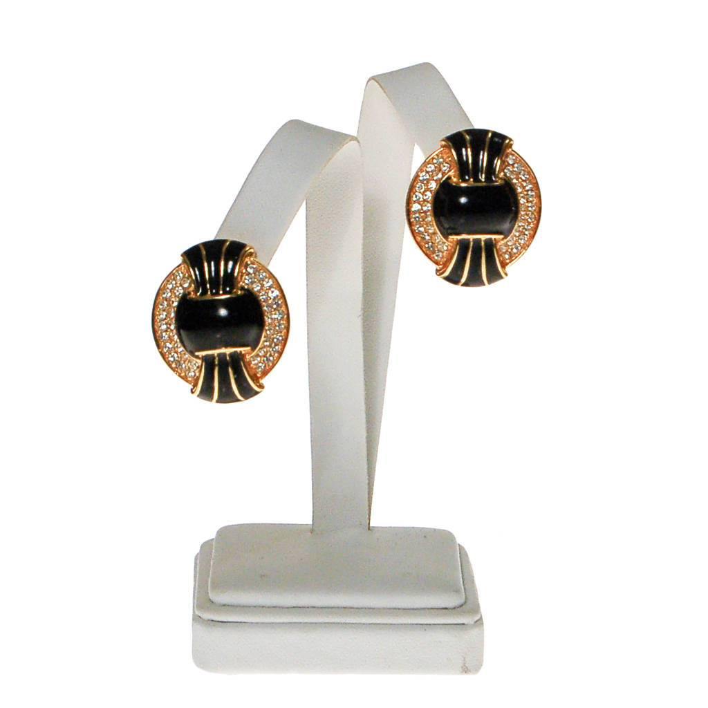 Vintage Kenneth Jay Lane Black, Gold, and Swarovski Rhinestone Statement Earrings by kenneth jay lane - Vintage Meet Modern Vintage Jewelry - Chicago, Illinois - #oldhollywoodglamour #vintagemeetmodern #designervintage #jewelrybox #antiquejewelry #vintagejewelry