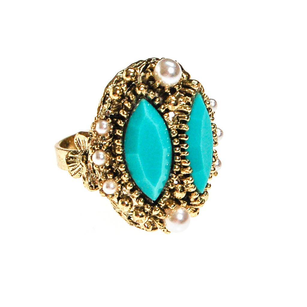 Turquoise Rhinestone and Faux Pearl Statement Ring by 1960s - Vintage Meet Modern Vintage Jewelry - Chicago, Illinois - #oldhollywoodglamour #vintagemeetmodern #designervintage #jewelrybox #antiquejewelry #vintagejewelry