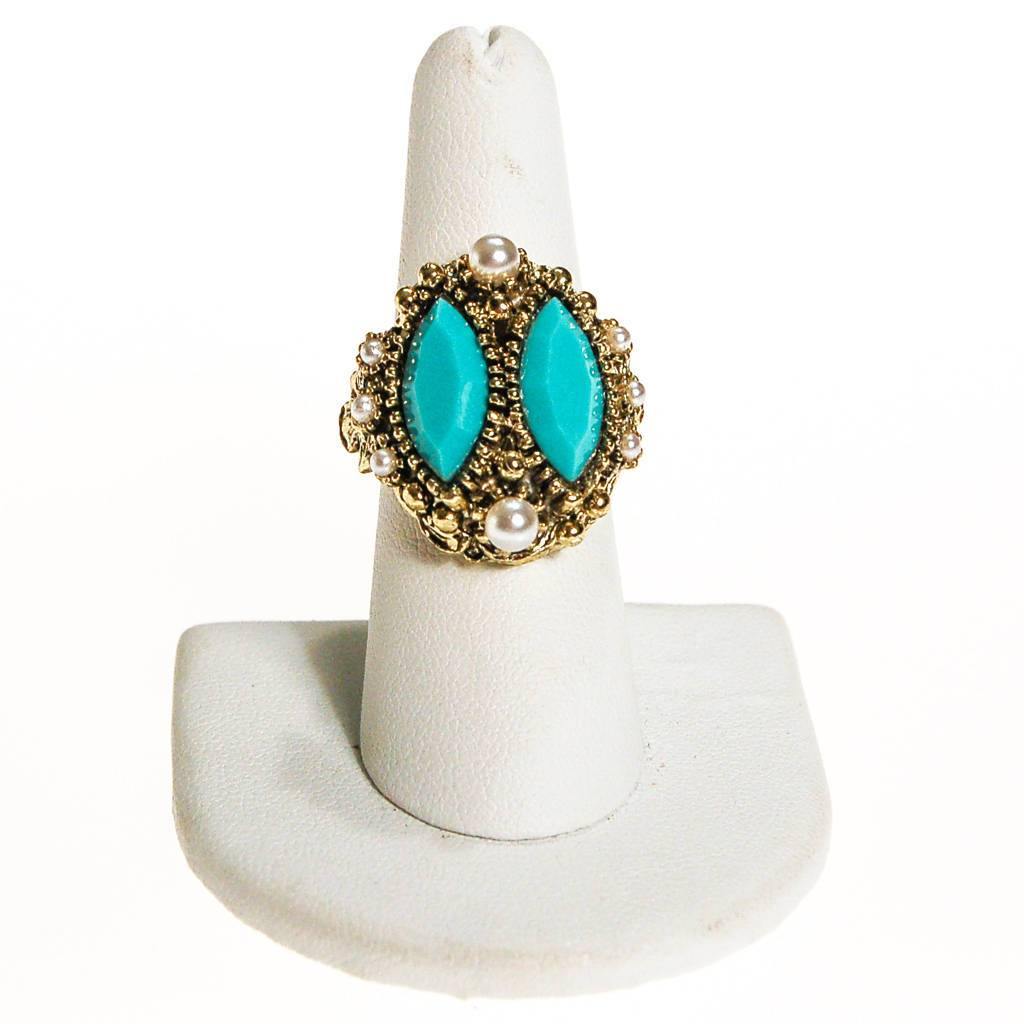 Turquoise Rhinestone and Faux Pearl Statement Ring by 1960s - Vintage Meet Modern Vintage Jewelry - Chicago, Illinois - #oldhollywoodglamour #vintagemeetmodern #designervintage #jewelrybox #antiquejewelry #vintagejewelry