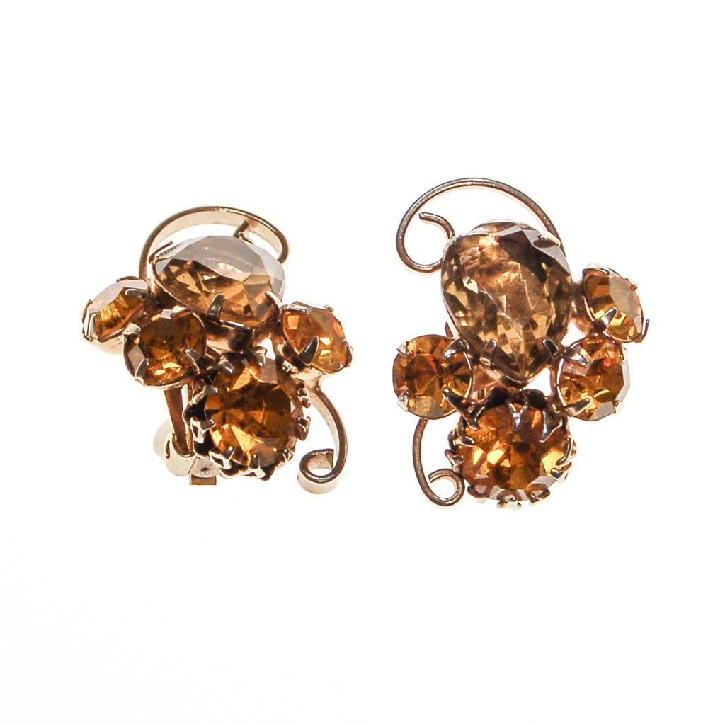 Vintage Smokey Topaz and Yellow Citrine Rhinestone Statement Earrings, Gold Tone by 1960s - Vintage Meet Modern Vintage Jewelry - Chicago, Illinois - #oldhollywoodglamour #vintagemeetmodern #designervintage #jewelrybox #antiquejewelry #vintagejewelry