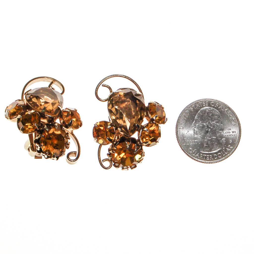 Vintage Smokey Topaz and Yellow Citrine Rhinestone Statement Earrings, Gold Tone by 1960s - Vintage Meet Modern Vintage Jewelry - Chicago, Illinois - #oldhollywoodglamour #vintagemeetmodern #designervintage #jewelrybox #antiquejewelry #vintagejewelry