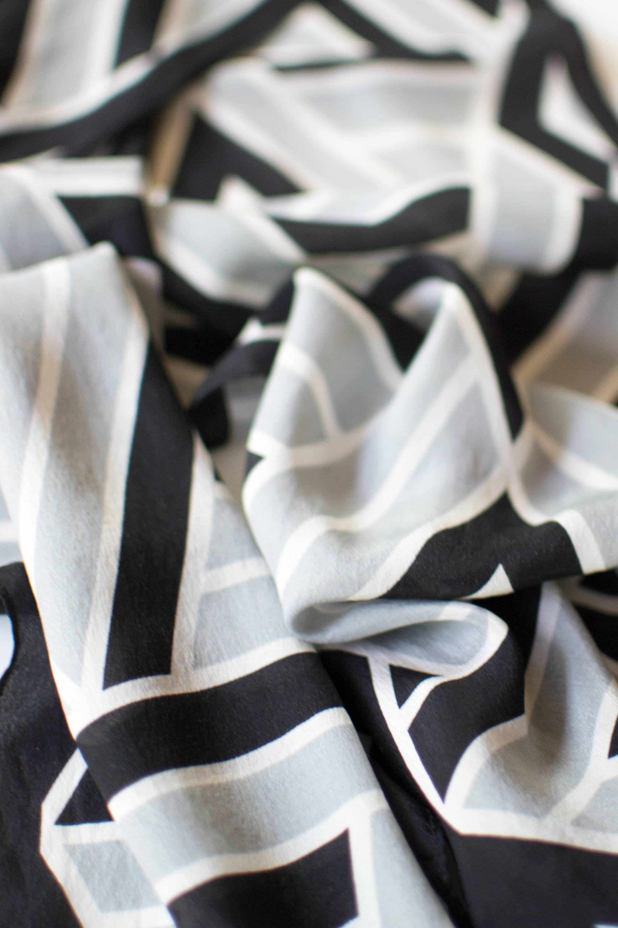 Vera Silk Scarf, Black, White, and Gray Geometric Print by Vera - Vintage Meet Modern Vintage Jewelry - Chicago, Illinois - #oldhollywoodglamour #vintagemeetmodern #designervintage #jewelrybox #antiquejewelry #vintagejewelry