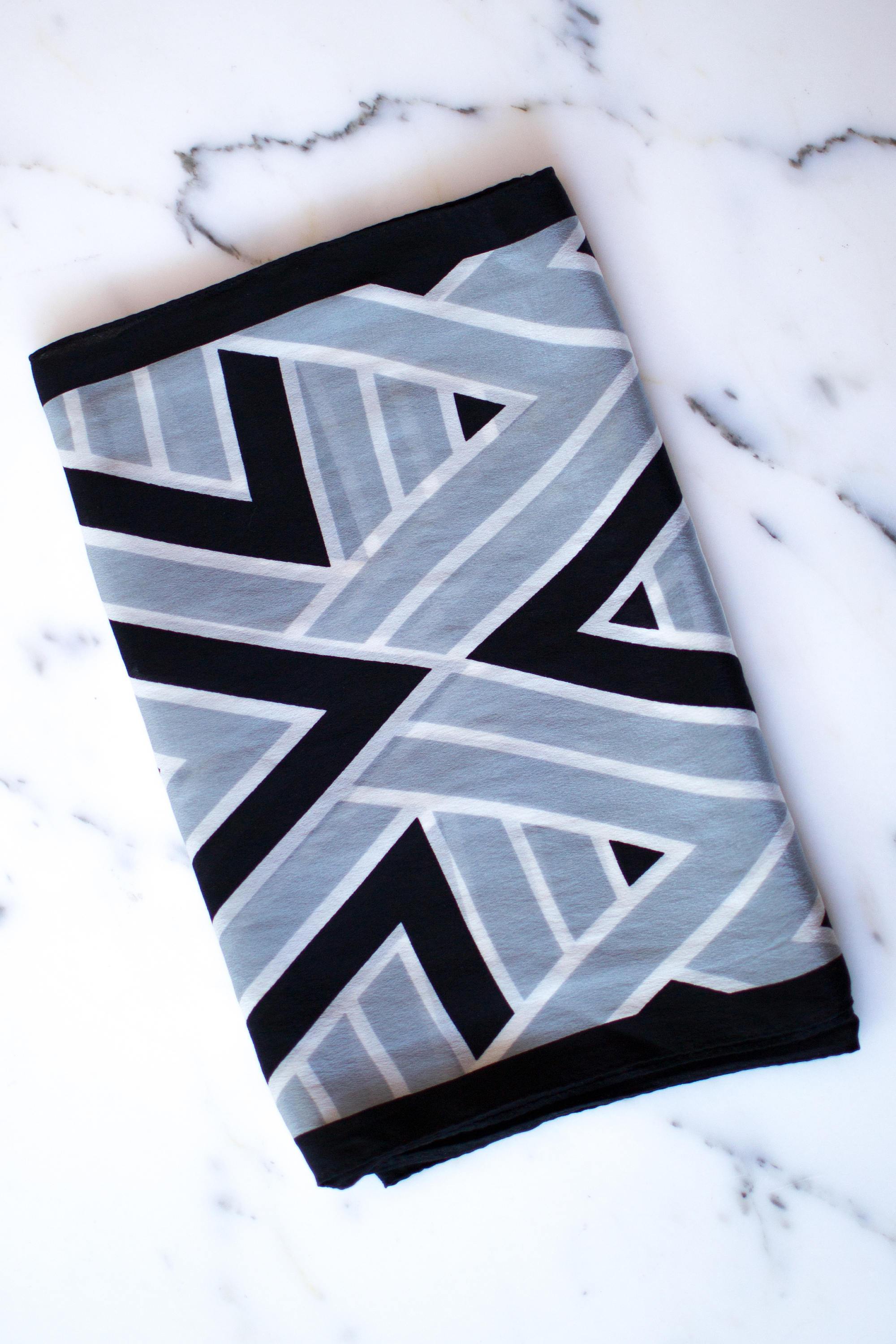 Vera Silk Scarf, Black, White, and Gray Geometric Print by Vera - Vintage Meet Modern Vintage Jewelry - Chicago, Illinois - #oldhollywoodglamour #vintagemeetmodern #designervintage #jewelrybox #antiquejewelry #vintagejewelry