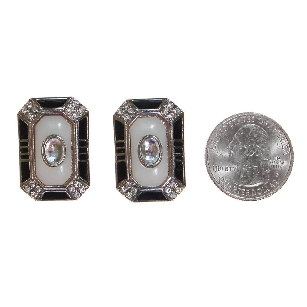 Black White and Rhinestone Art Deco Style Clip Earrings by 1980S - Vintage Meet Modern Vintage Jewelry - Chicago, Illinois - #oldhollywoodglamour #vintagemeetmodern #designervintage #jewelrybox #antiquejewelry #vintagejewelry