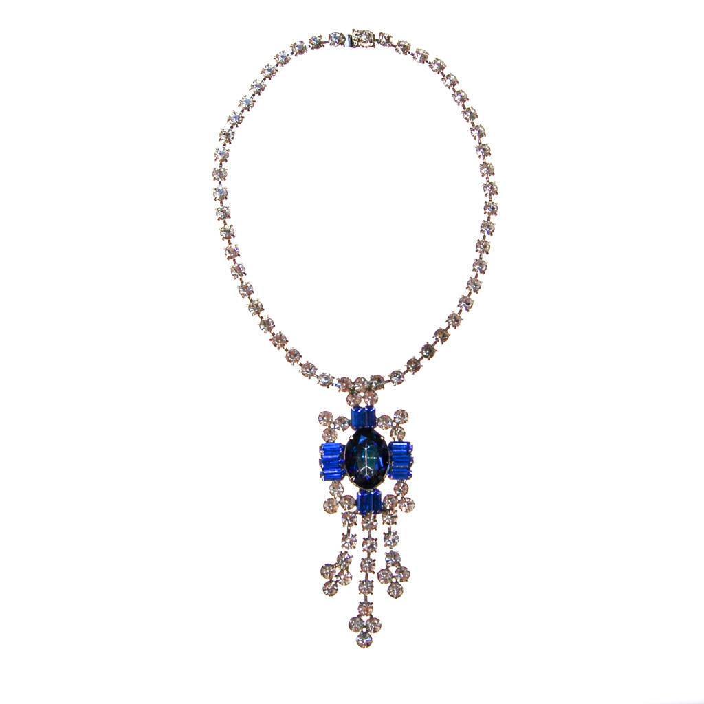 Vintage Sapphire Blue and Diamante Rhinestone Statement Necklace