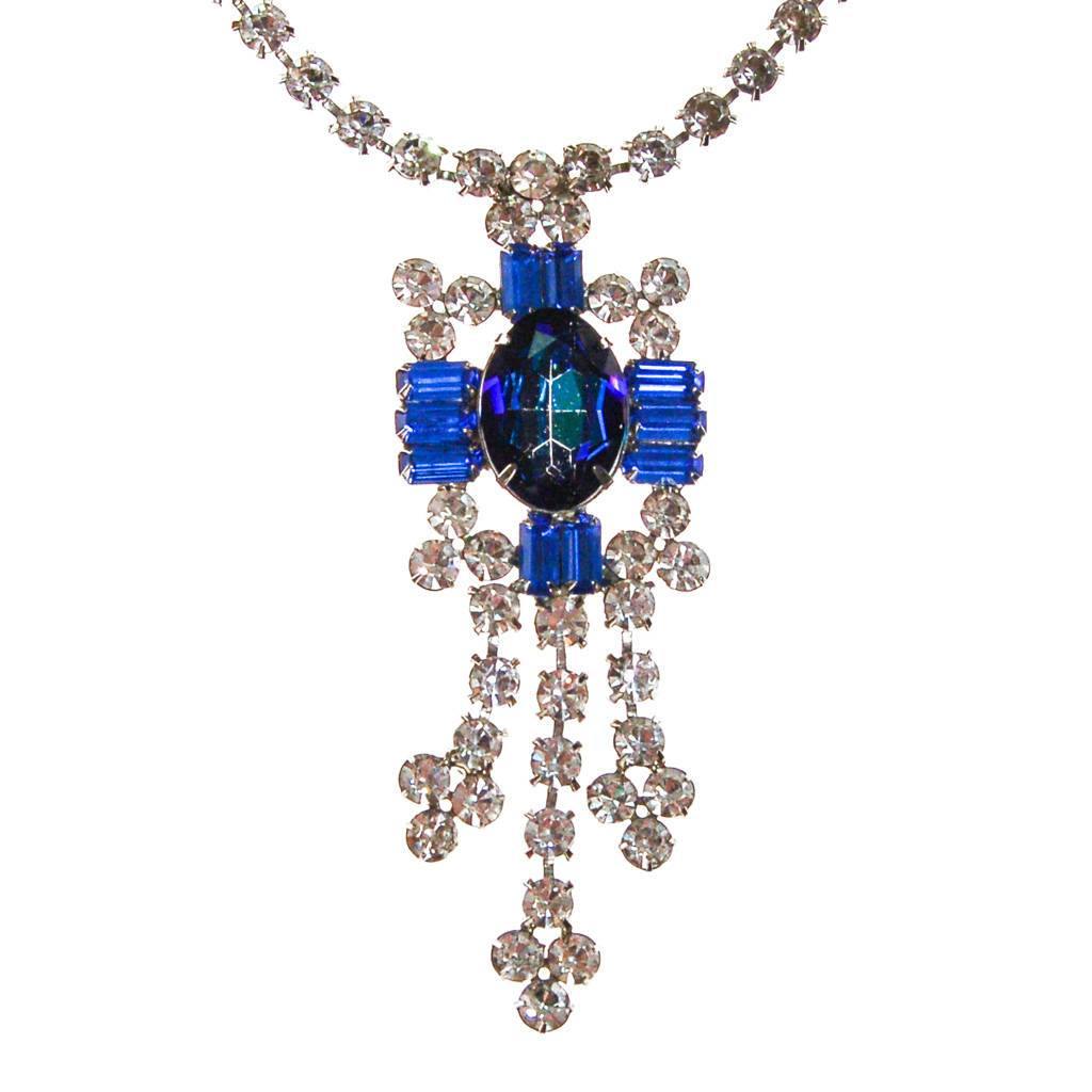 Vintage Sapphire Blue and Diamante Rhinestone Statement Necklace by 1950s - Vintage Meet Modern Vintage Jewelry - Chicago, Illinois - #oldhollywoodglamour #vintagemeetmodern #designervintage #jewelrybox #antiquejewelry #vintagejewelry