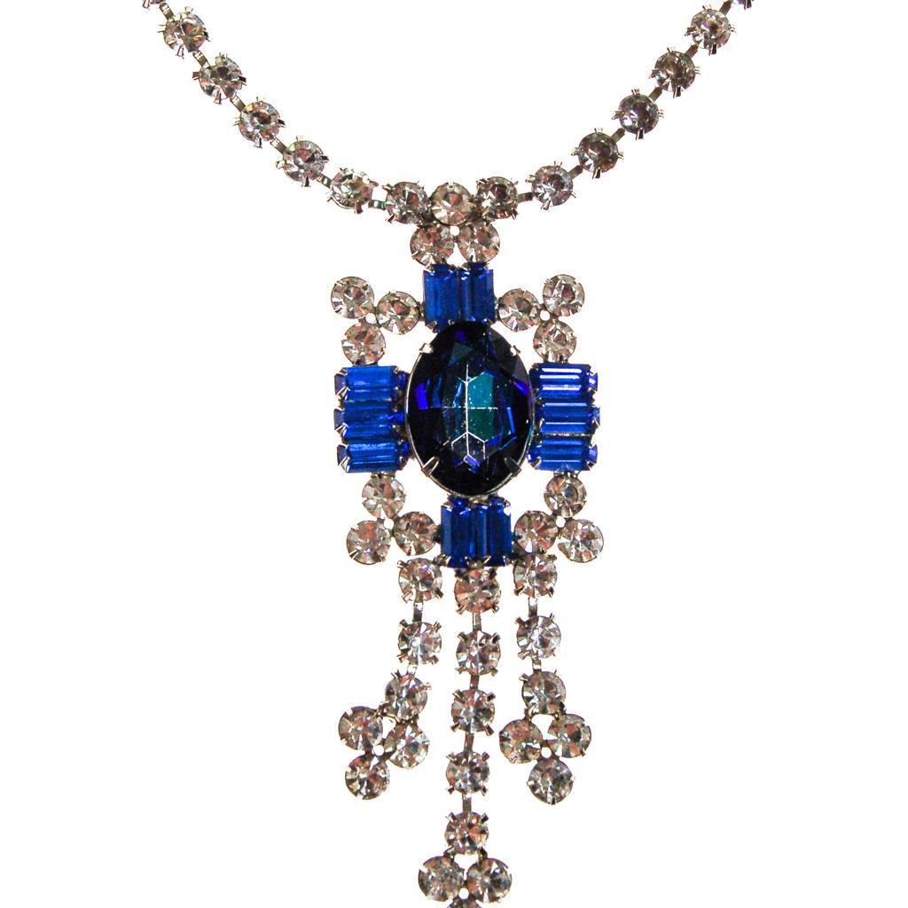 Vintage Sapphire Blue and Diamante Rhinestone Statement Necklace by 1950s - Vintage Meet Modern Vintage Jewelry - Chicago, Illinois - #oldhollywoodglamour #vintagemeetmodern #designervintage #jewelrybox #antiquejewelry #vintagejewelry