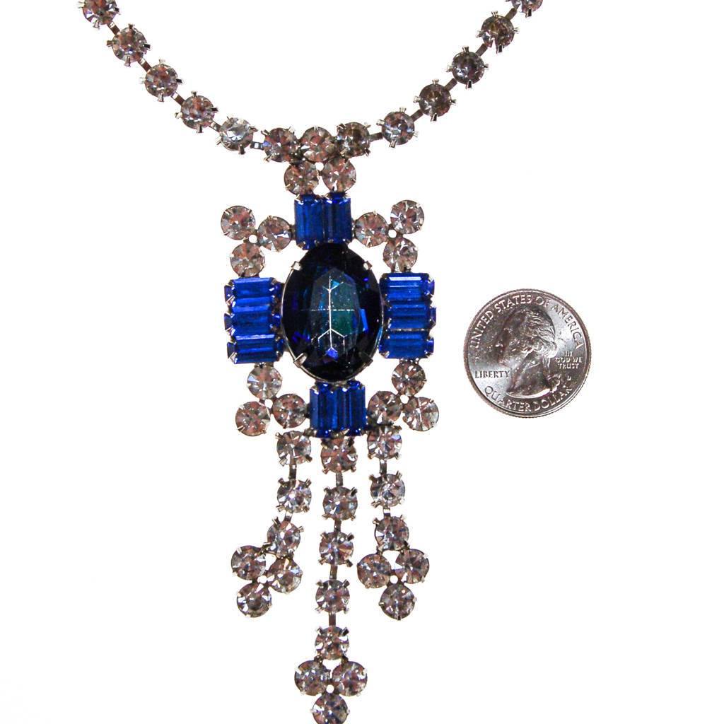 Vintage Sapphire Blue and Diamante Rhinestone Statement Necklace by 1950s - Vintage Meet Modern Vintage Jewelry - Chicago, Illinois - #oldhollywoodglamour #vintagemeetmodern #designervintage #jewelrybox #antiquejewelry #vintagejewelry