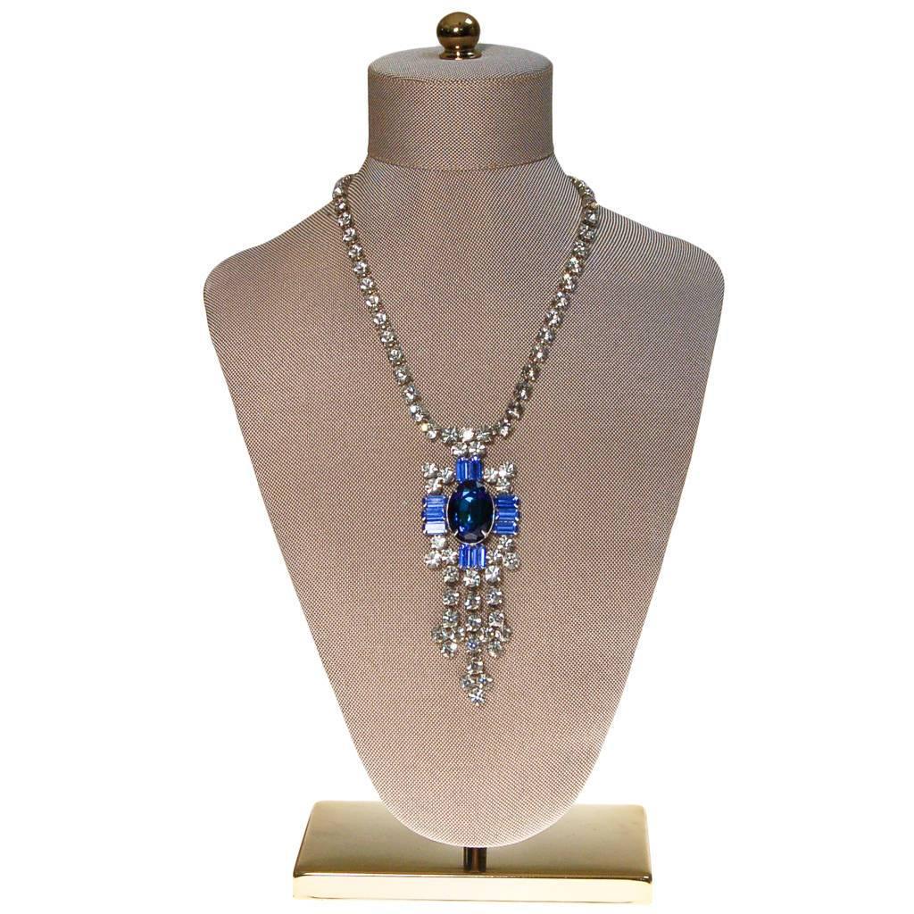 Vintage Sapphire Blue and Diamante Rhinestone Statement Necklace by 1950s - Vintage Meet Modern Vintage Jewelry - Chicago, Illinois - #oldhollywoodglamour #vintagemeetmodern #designervintage #jewelrybox #antiquejewelry #vintagejewelry