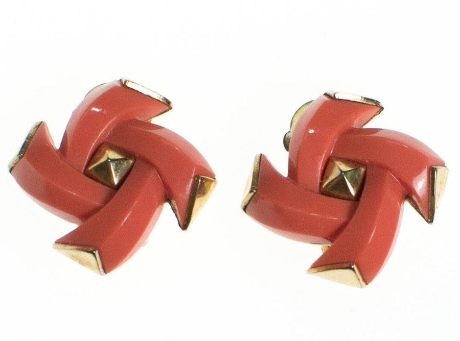 Vintage Crown Trifar Coral Lucite and Gold Geometric Earrings by Crown Trifari - Vintage Meet Modern Vintage Jewelry - Chicago, Illinois - #oldhollywoodglamour #vintagemeetmodern #designervintage #jewelrybox #antiquejewelry #vintagejewelry