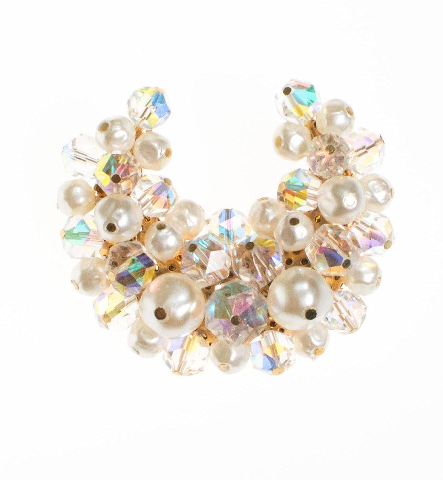 Pearl and Iridescent Aurora Borealis Crystal Moon  Brooch by 1960s - Vintage Meet Modern Vintage Jewelry - Chicago, Illinois - #oldhollywoodglamour #vintagemeetmodern #designervintage #jewelrybox #antiquejewelry #vintagejewelry