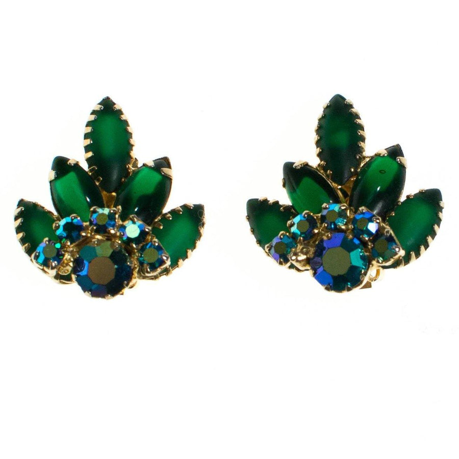 Vintage Emerald Green and Blue Aurora Borealis Rhinestone Statement Earrings by 1950s - Vintage Meet Modern Vintage Jewelry - Chicago, Illinois - #oldhollywoodglamour #vintagemeetmodern #designervintage #jewelrybox #antiquejewelry #vintagejewelry