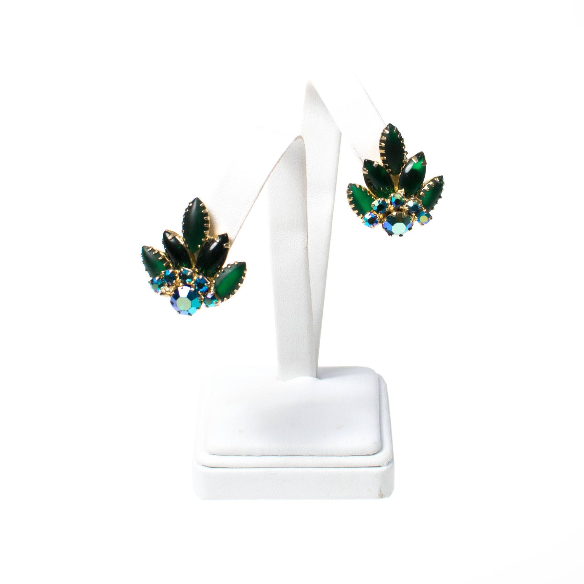 Vintage Emerald Green and Blue Aurora Borealis Rhinestone Statement Earrings by 1950s - Vintage Meet Modern Vintage Jewelry - Chicago, Illinois - #oldhollywoodglamour #vintagemeetmodern #designervintage #jewelrybox #antiquejewelry #vintagejewelry