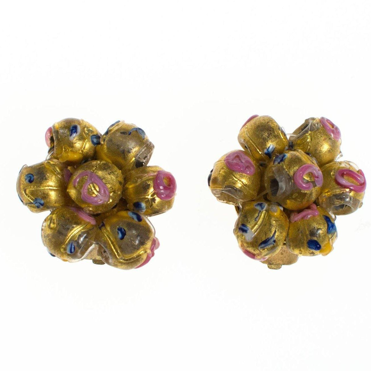 Vintage Gold and Pink Venetian Glass Wedding Cake Bead Earrings