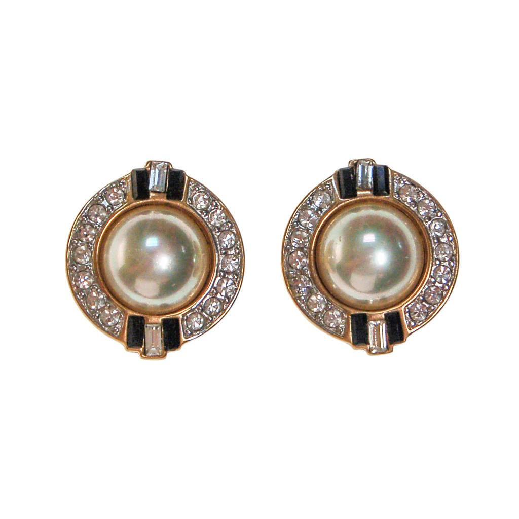 Vintage Carolee Art Deco Revival Pearl, Rhinestone, and Black Enamel Earrings
