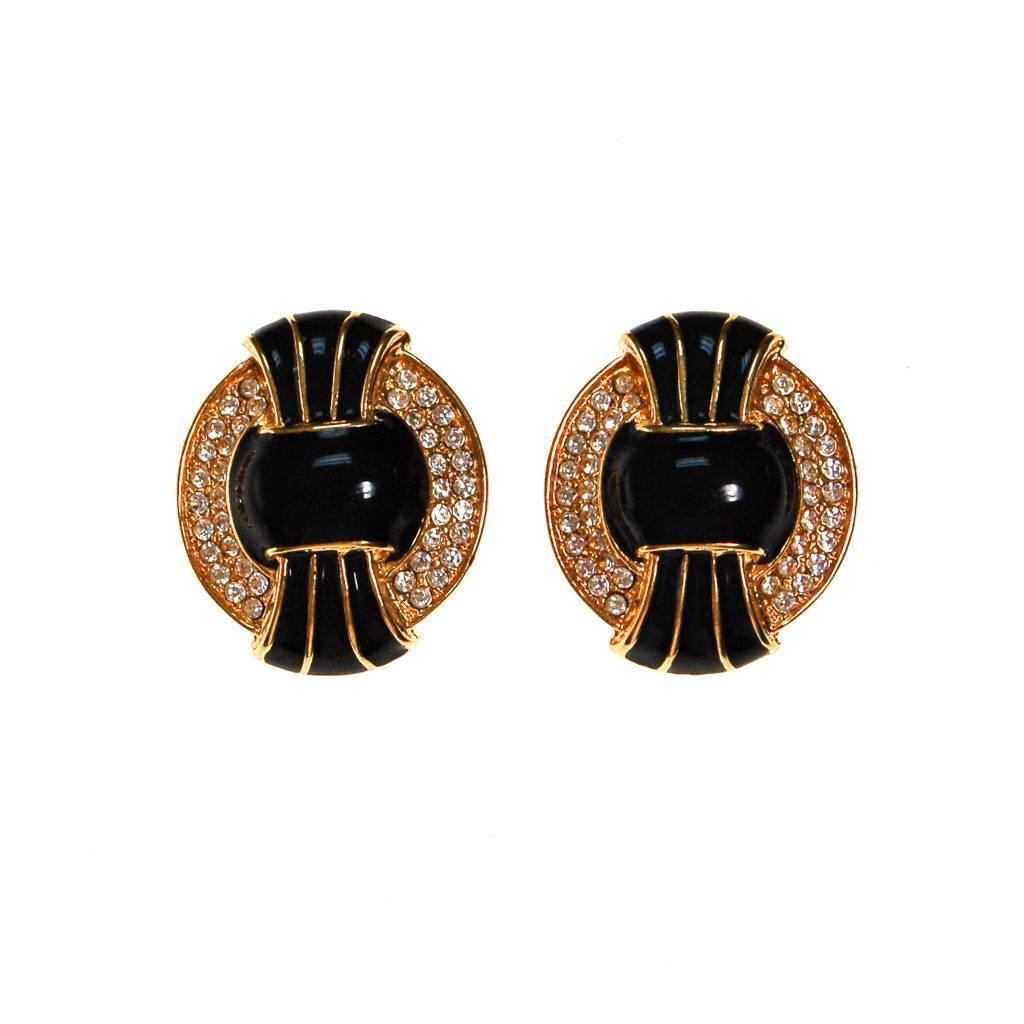 Vintage Kenneth Jay Lane Black, Gold, and Swarovski Rhinestone Statement Earrings by kenneth jay lane - Vintage Meet Modern Vintage Jewelry - Chicago, Illinois - #oldhollywoodglamour #vintagemeetmodern #designervintage #jewelrybox #antiquejewelry #vintagejewelry