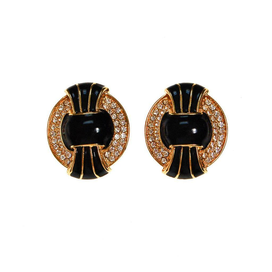 Vintage Kenneth Jay Lane Black, Gold, and Swarovski Rhinestone Statement Earrings by kenneth jay lane - Vintage Meet Modern Vintage Jewelry - Chicago, Illinois - #oldhollywoodglamour #vintagemeetmodern #designervintage #jewelrybox #antiquejewelry #vintagejewelry
