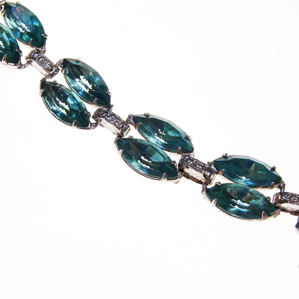 Vintage Light Blue Rhinestone Statement Necklace, Silver Tone, Pot Metal, 1940s by Art Deco - Vintage Meet Modern Vintage Jewelry - Chicago, Illinois - #oldhollywoodglamour #vintagemeetmodern #designervintage #jewelrybox #antiquejewelry #vintagejewelry