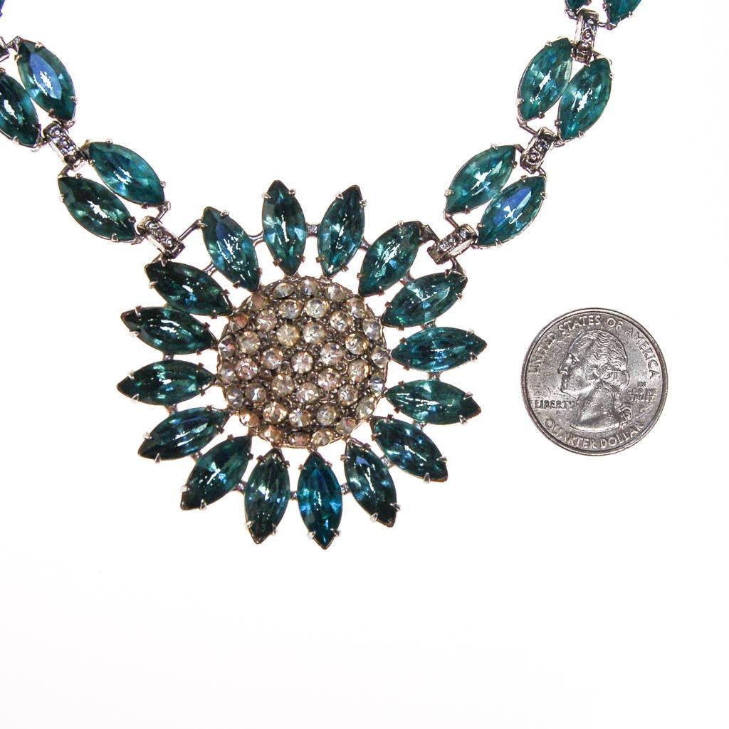 Vintage Light Blue Rhinestone Statement Necklace, Silver Tone, Pot Metal, 1940s by Art Deco - Vintage Meet Modern Vintage Jewelry - Chicago, Illinois - #oldhollywoodglamour #vintagemeetmodern #designervintage #jewelrybox #antiquejewelry #vintagejewelry