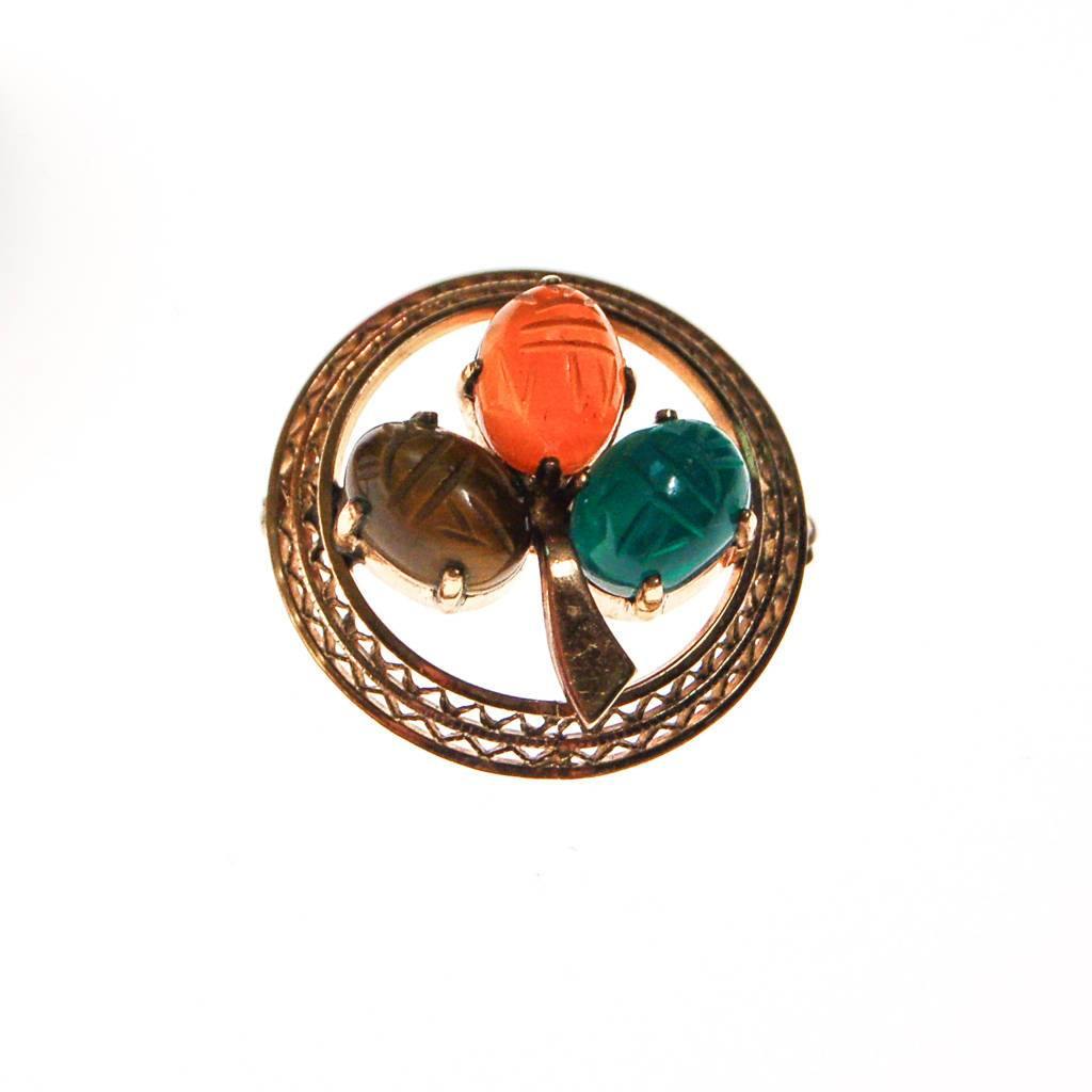Vintage Scarab Gemstone Scatter Pins, Carved Carnelian, Jade, Tigers Eye, Gold Filled by 1960s - Vintage Meet Modern Vintage Jewelry - Chicago, Illinois - #oldhollywoodglamour #vintagemeetmodern #designervintage #jewelrybox #antiquejewelry #vintagejewelry