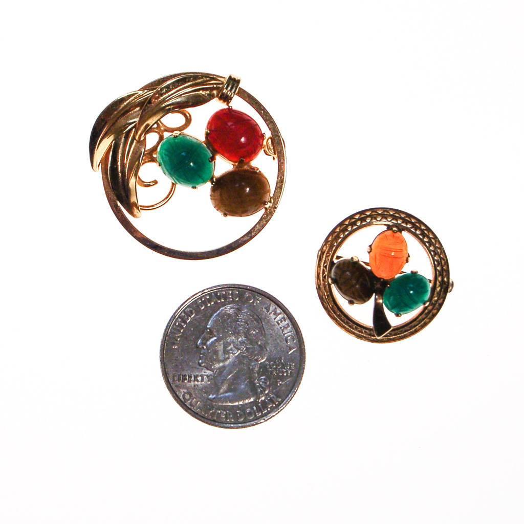 Vintage Scarab Gemstone Scatter Pins, Carved Carnelian, Jade, Tigers Eye, Gold Filled by 1960s - Vintage Meet Modern Vintage Jewelry - Chicago, Illinois - #oldhollywoodglamour #vintagemeetmodern #designervintage #jewelrybox #antiquejewelry #vintagejewelry