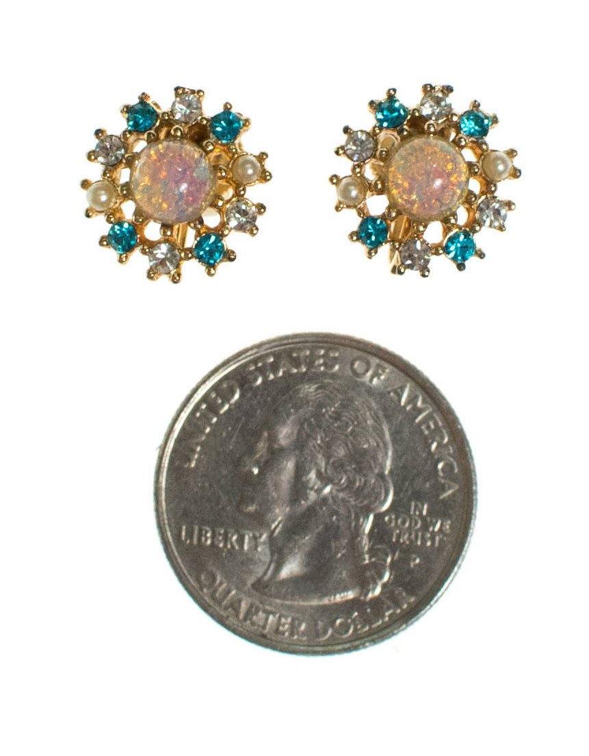 Vintage Opaline, Blue Topaz Crystal, and Faux Seed Pearl, Screw Backs by 1950s - Vintage Meet Modern Vintage Jewelry - Chicago, Illinois - #oldhollywoodglamour #vintagemeetmodern #designervintage #jewelrybox #antiquejewelry #vintagejewelry