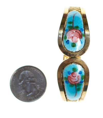 Vintage Guilloche Enamel Clamper Bracelet with Pink Roses and Turquoise by 1960s - Vintage Meet Modern Vintage Jewelry - Chicago, Illinois - #oldhollywoodglamour #vintagemeetmodern #designervintage #jewelrybox #antiquejewelry #vintagejewelry