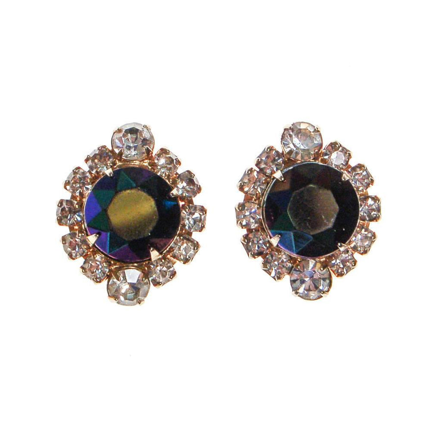Vintage Blue Iridescent Rhinestone Earrings, Color Changing, Clip On, 1950s, 1960s Era by Mid Century Modern - Vintage Meet Modern Vintage Jewelry - Chicago, Illinois - #oldhollywoodglamour #vintagemeetmodern #designervintage #jewelrybox #antiquejewelry #vintagejewelry
