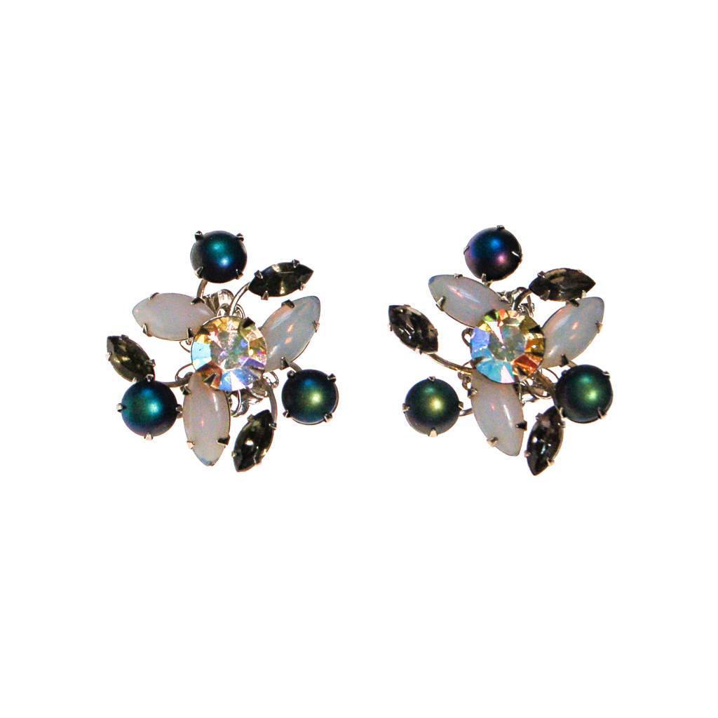 Vintage Opaline, Blue, Smokey Gray Rhinestone Statement Earrings