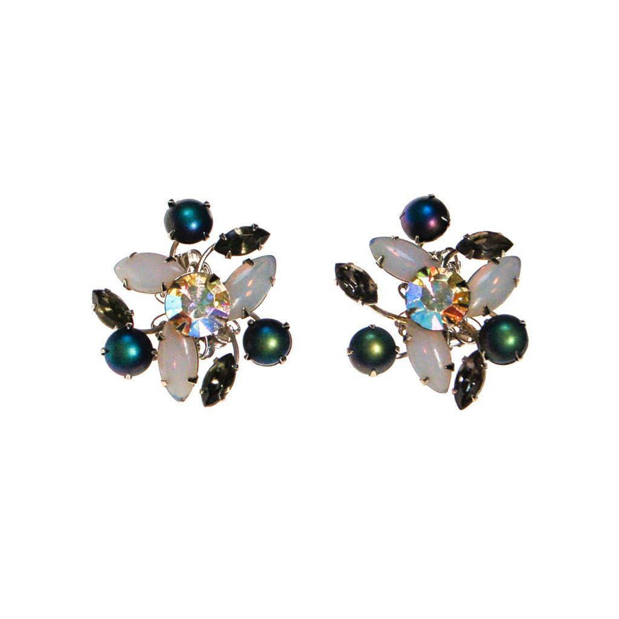 Vintage Opaline, Blue, Smokey Gray Rhinestone Statement Earrings by 1960s - Vintage Meet Modern Vintage Jewelry - Chicago, Illinois - #oldhollywoodglamour #vintagemeetmodern #designervintage #jewelrybox #antiquejewelry #vintagejewelry