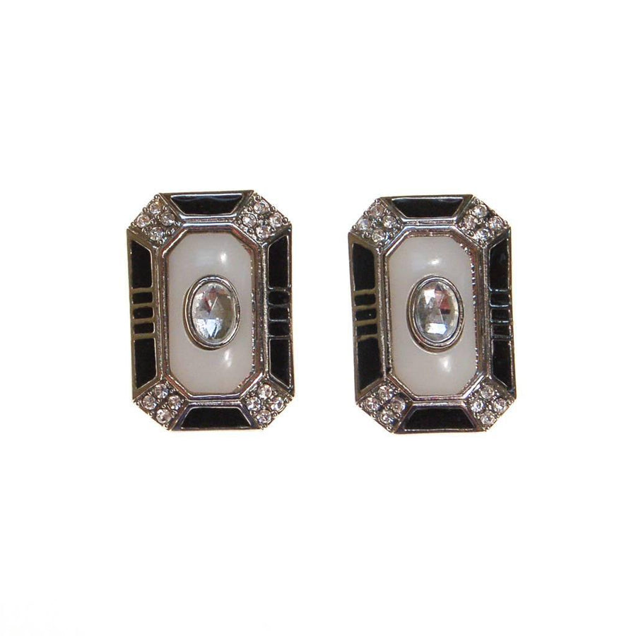 Black White and Rhinestone Art Deco Style Clip Earrings by 1980S - Vintage Meet Modern Vintage Jewelry - Chicago, Illinois - #oldhollywoodglamour #vintagemeetmodern #designervintage #jewelrybox #antiquejewelry #vintagejewelry