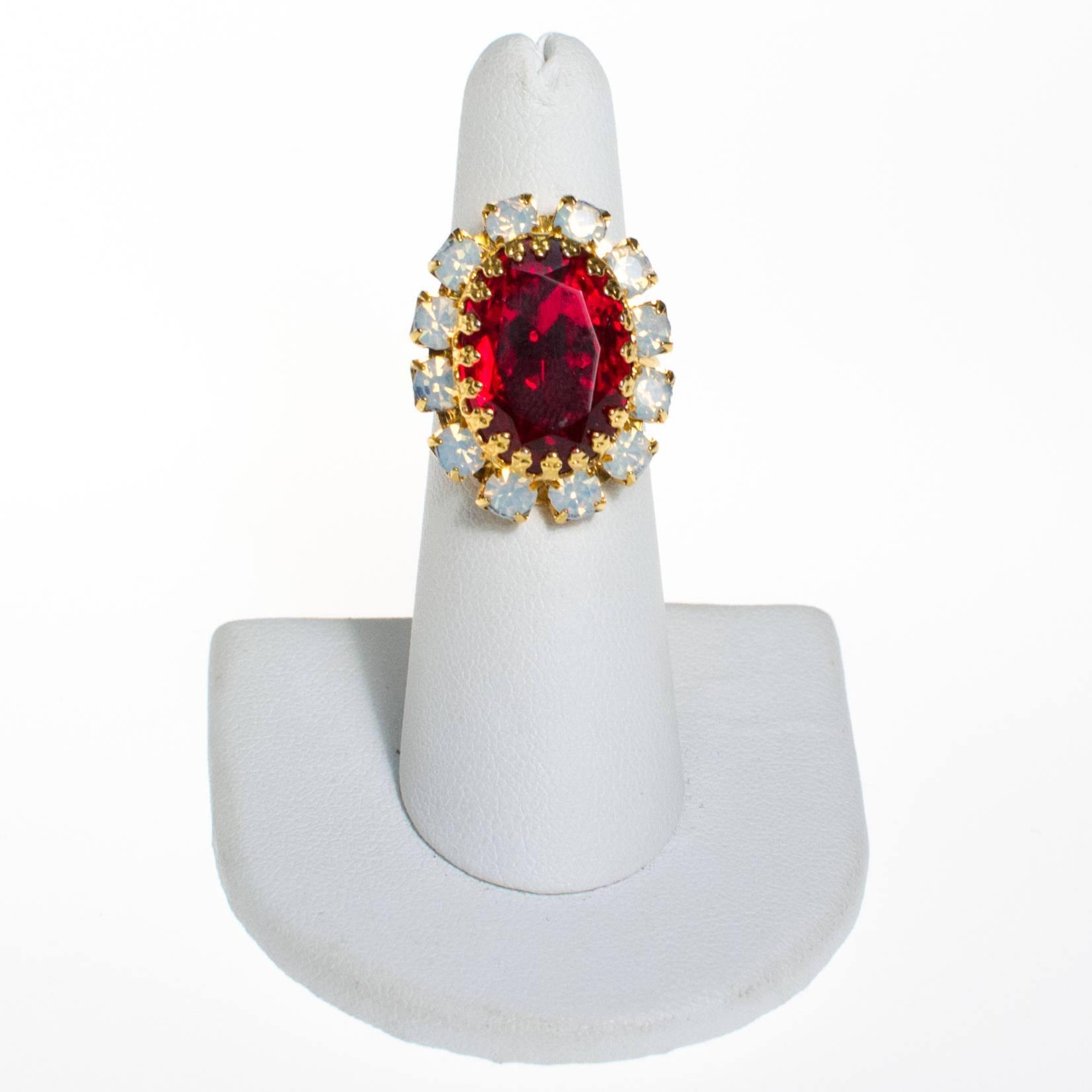 Vintage Ruby Red Crystal and Opaline Statement Ring by 1950s - Vintage Meet Modern Vintage Jewelry - Chicago, Illinois - #oldhollywoodglamour #vintagemeetmodern #designervintage #jewelrybox #antiquejewelry #vintagejewelry