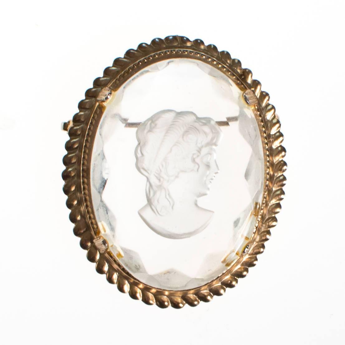 Vintage Carved Crystal Cameo Brooch