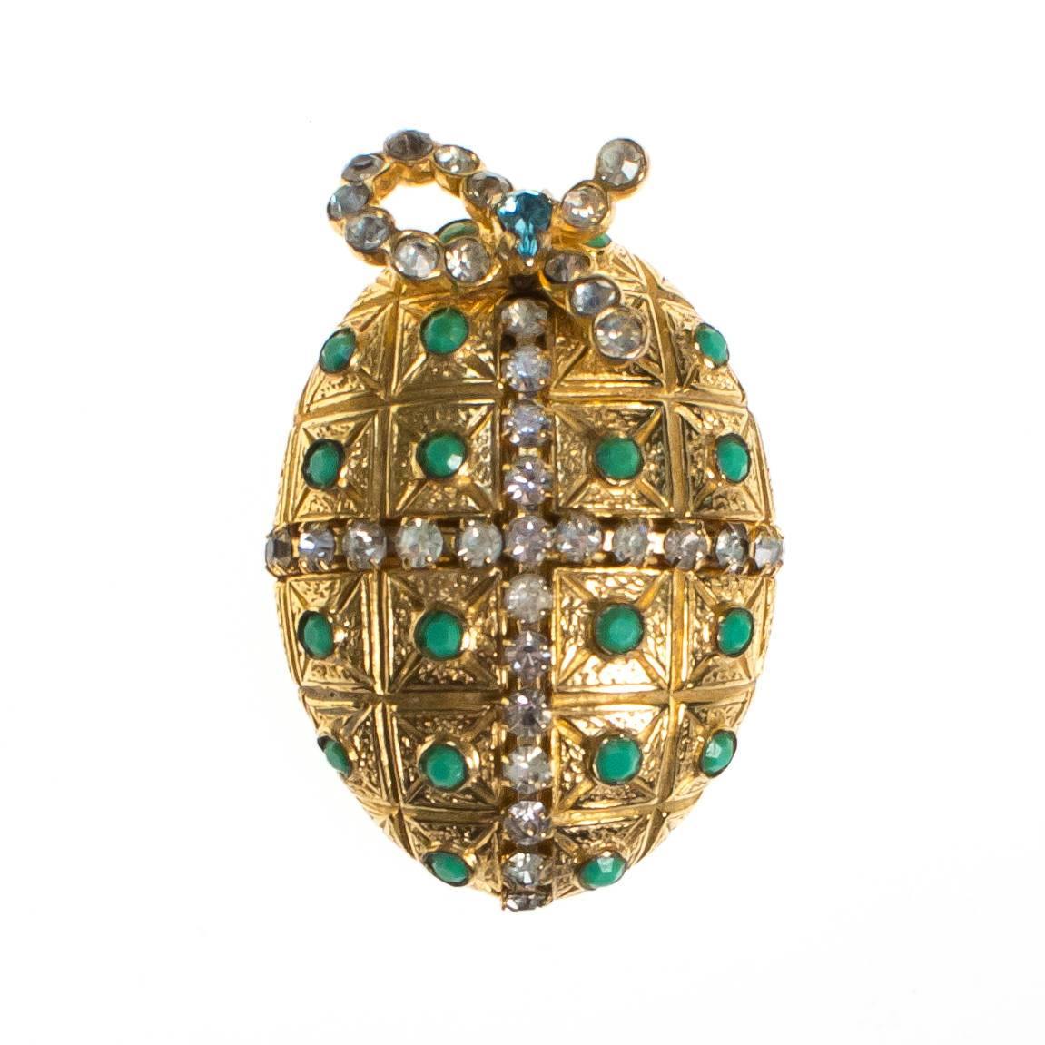 Vintage Castlecliff Royal Egg Faux Jade and Rhinestone Gold Brooch, Designer Vintage 1960s