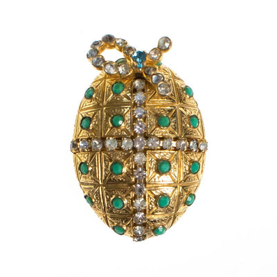 Vintage Castlecliff Royal Egg Faux Jade and Rhinestone Gold Brooch, Designer Vintage 1960s by Castlecliff - Vintage Meet Modern Vintage Jewelry - Chicago, Illinois - #oldhollywoodglamour #vintagemeetmodern #designervintage #jewelrybox #antiquejewelry #vintagejewelry