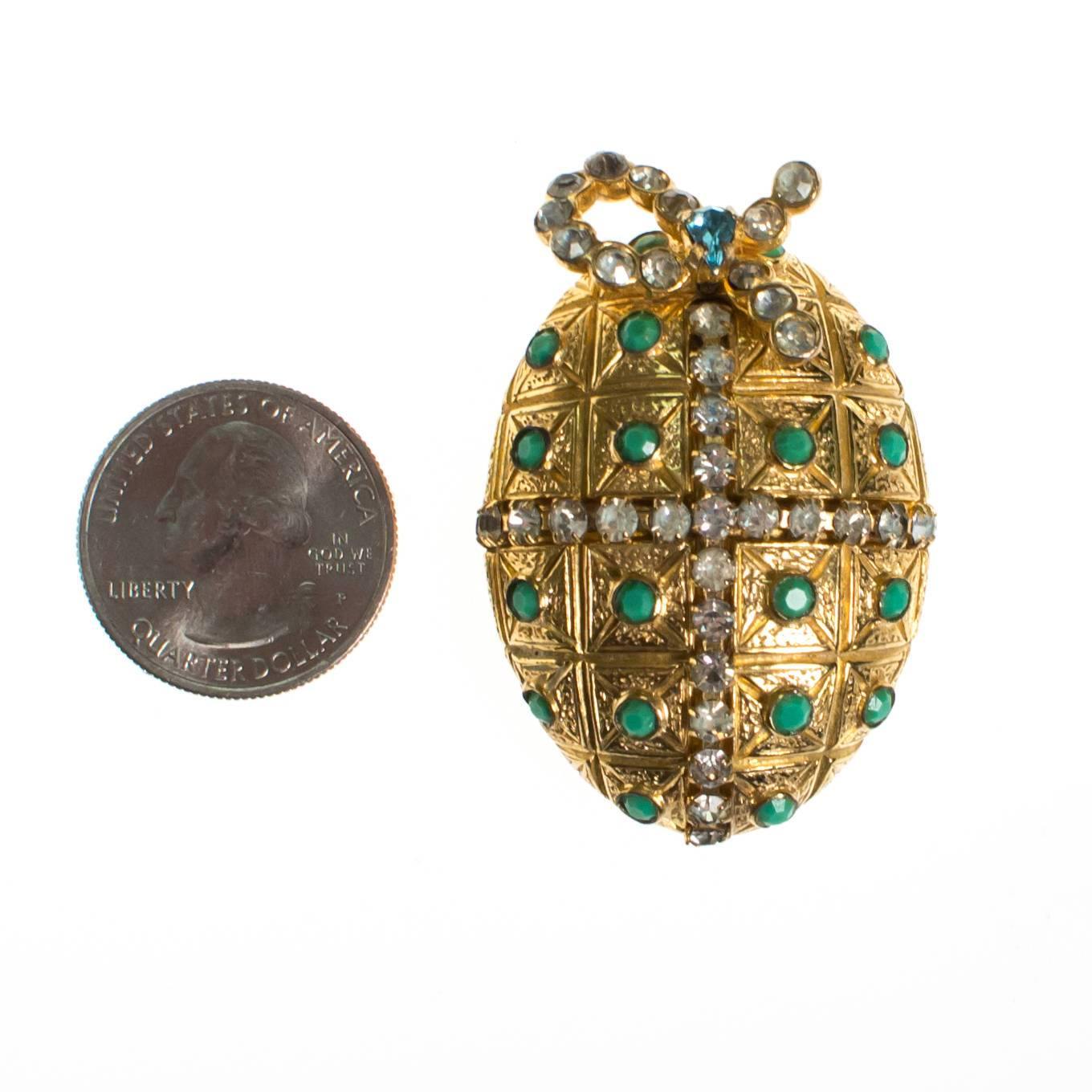 Vintage Castlecliff Royal Egg Faux Jade and Rhinestone Gold Brooch, Designer Vintage 1960s by Castlecliff - Vintage Meet Modern Vintage Jewelry - Chicago, Illinois - #oldhollywoodglamour #vintagemeetmodern #designervintage #jewelrybox #antiquejewelry #vintagejewelry