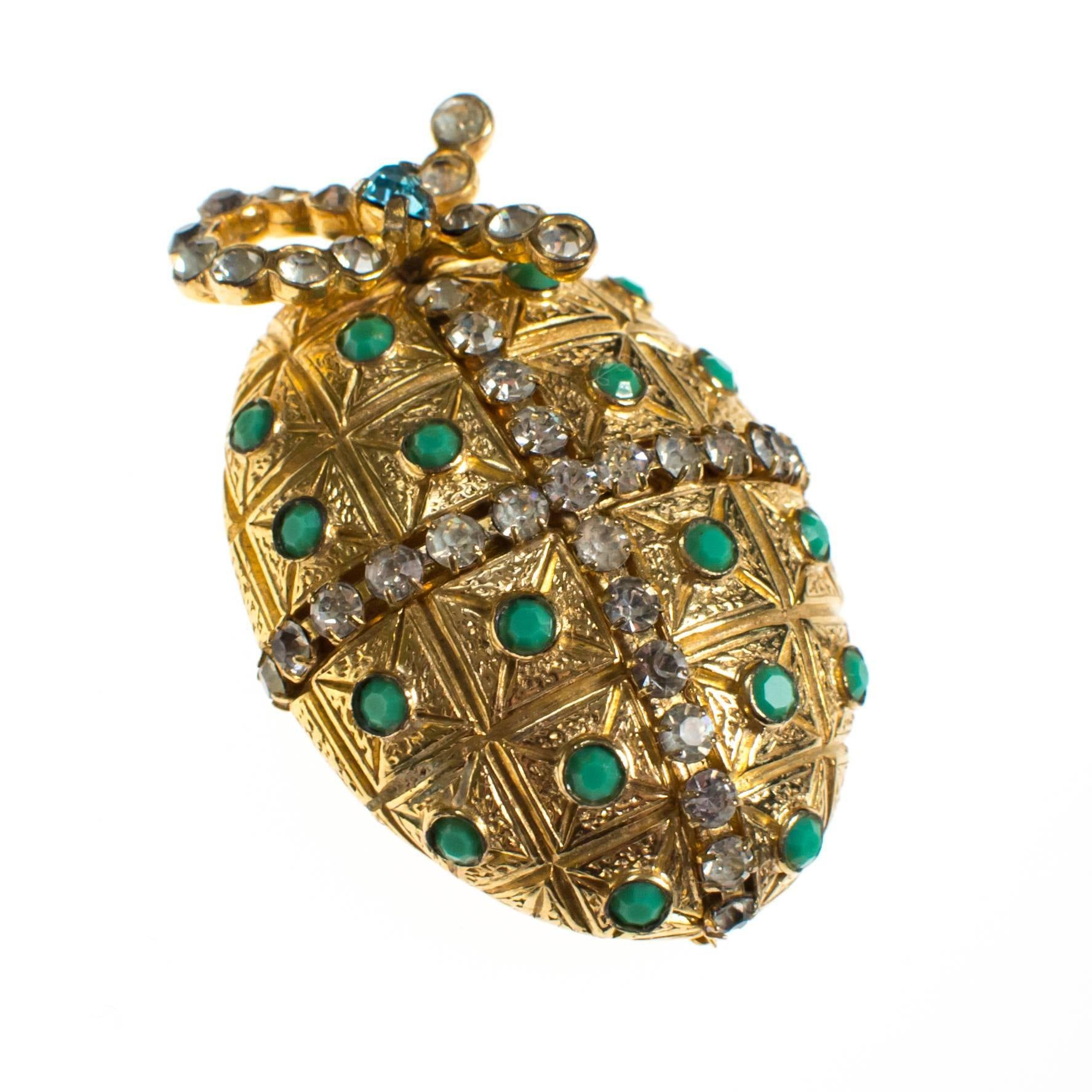 Vintage Castlecliff Royal Egg Faux Jade and Rhinestone Gold Brooch, Designer Vintage 1960s by Castlecliff - Vintage Meet Modern Vintage Jewelry - Chicago, Illinois - #oldhollywoodglamour #vintagemeetmodern #designervintage #jewelrybox #antiquejewelry #vintagejewelry